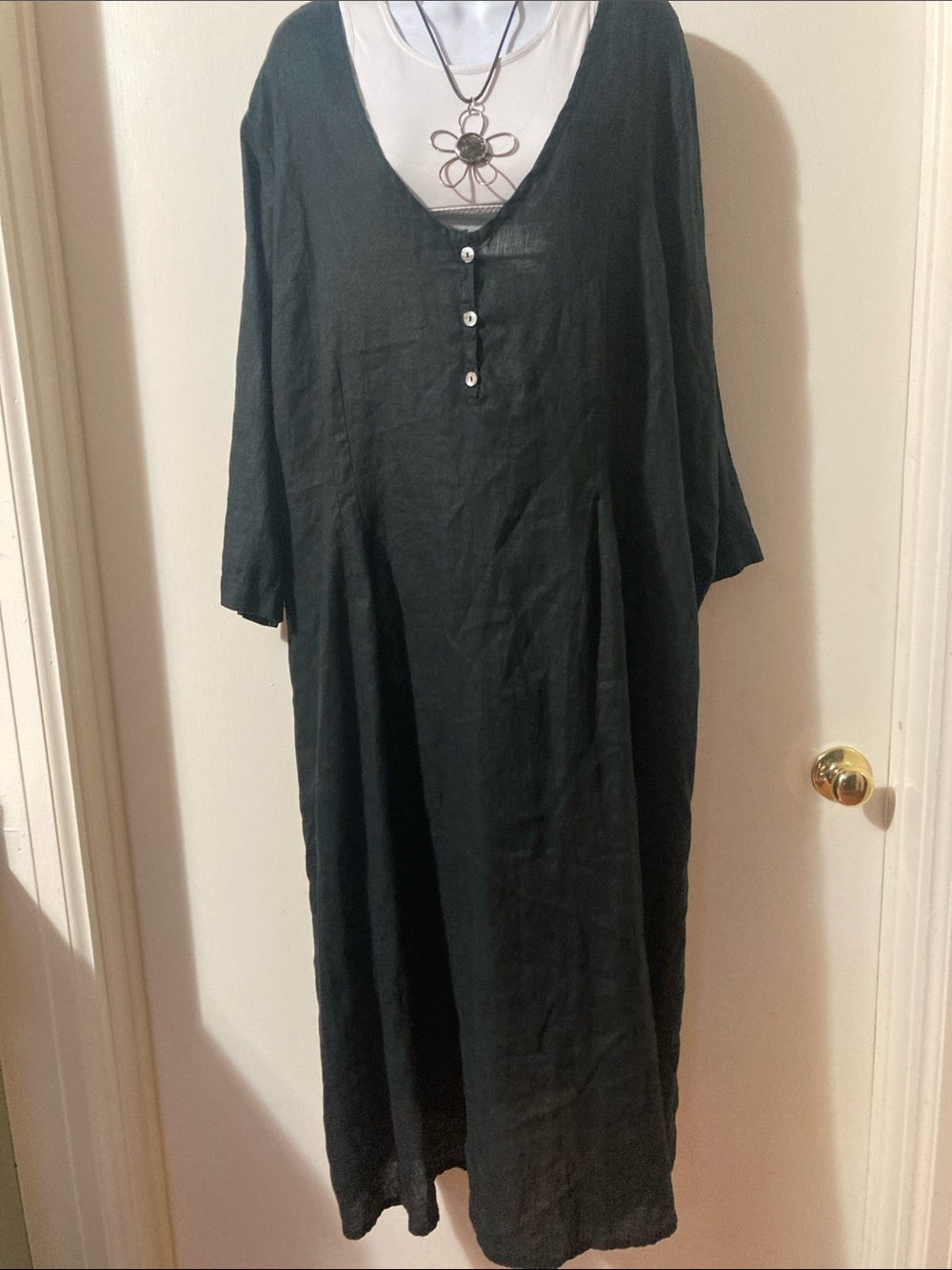 Flax Black Linen V-Neck Longline Dress, size 2X.